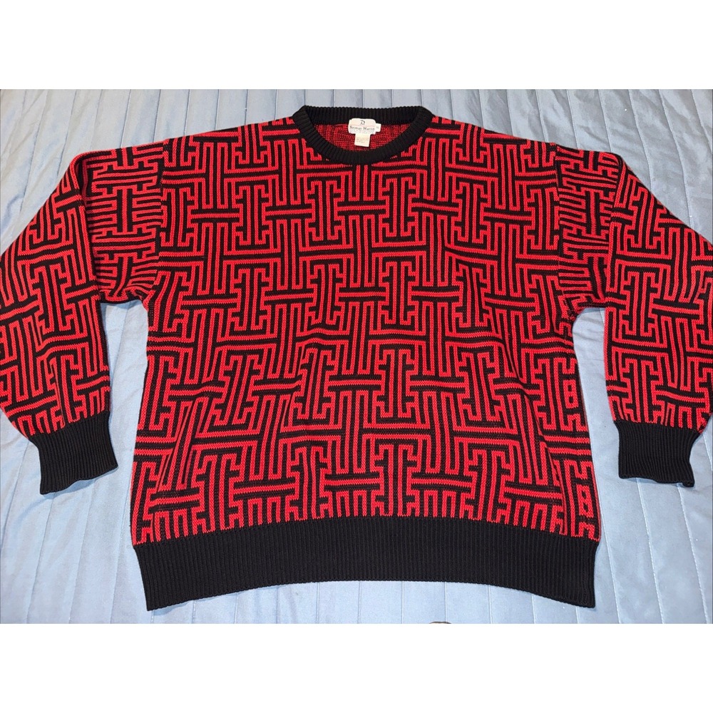 Vintage Neiman Marcus Wool Sweater Men's XL Br Red Geometric
